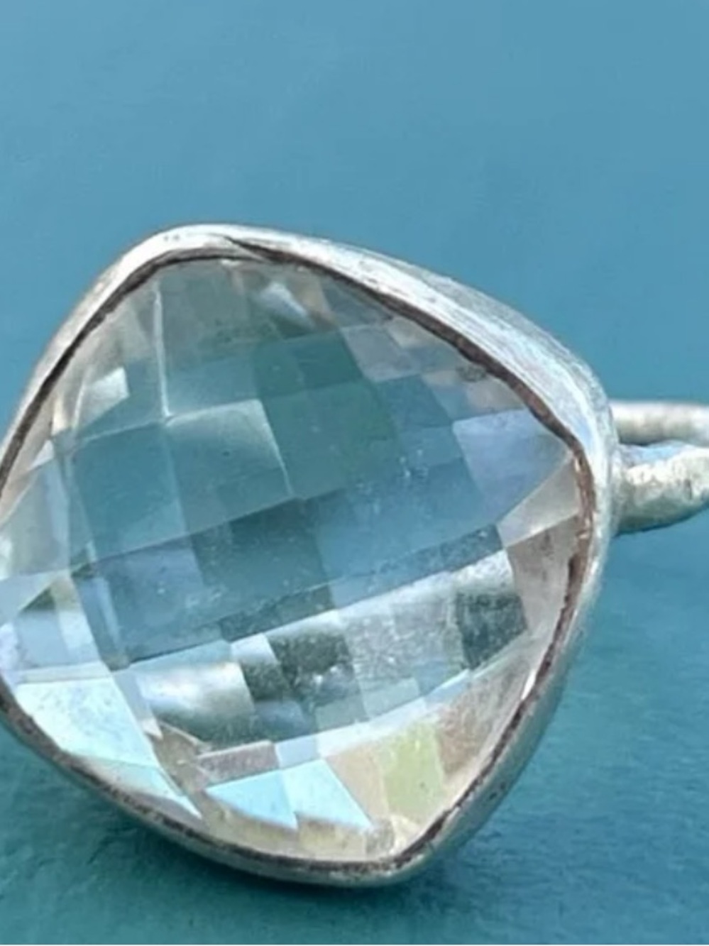 Vintage artisan sterling silver hammered big clear quartz crystal ring